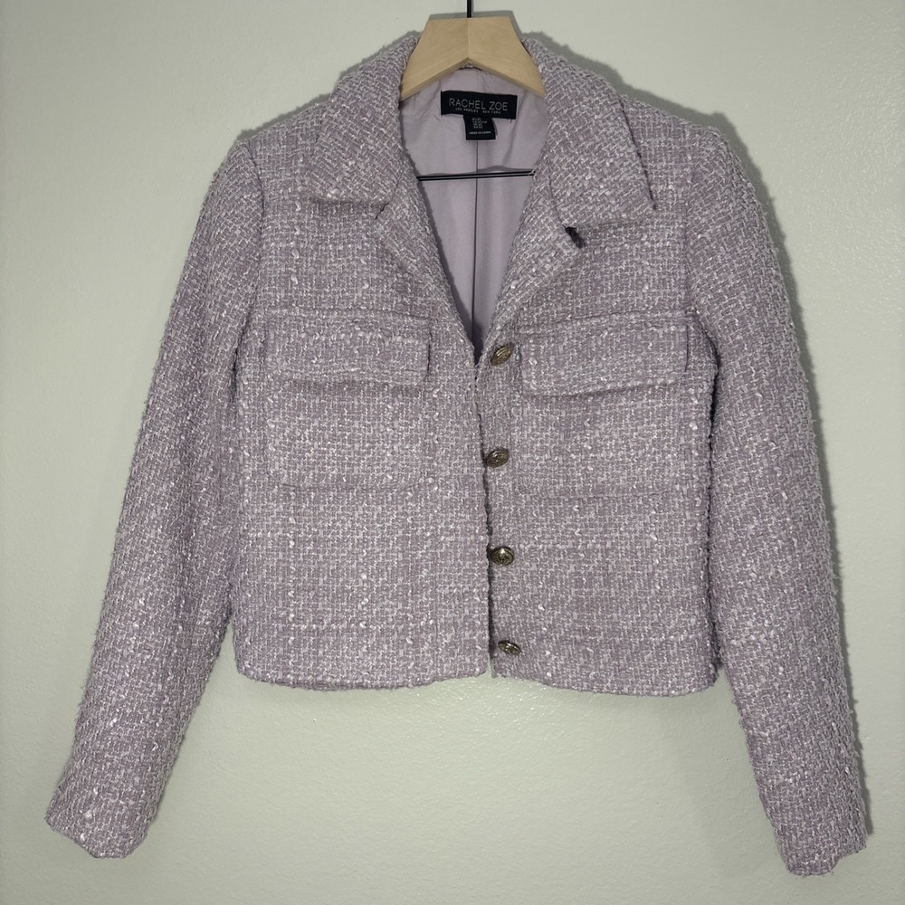 Women's Rachel Zoe Lavender Boucle Tweed Cropped Blazer Jacket Size XS